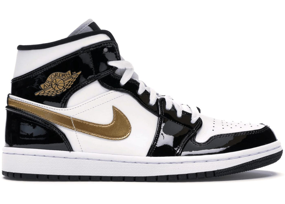 Jordan 1 Mid Patent Black White Gold