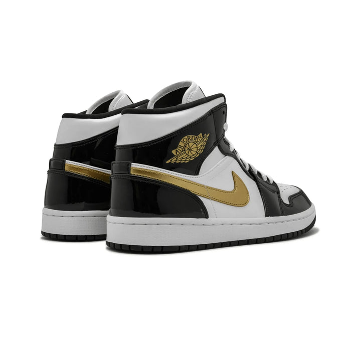 Jordan 1 Mid Patent Black White Gold