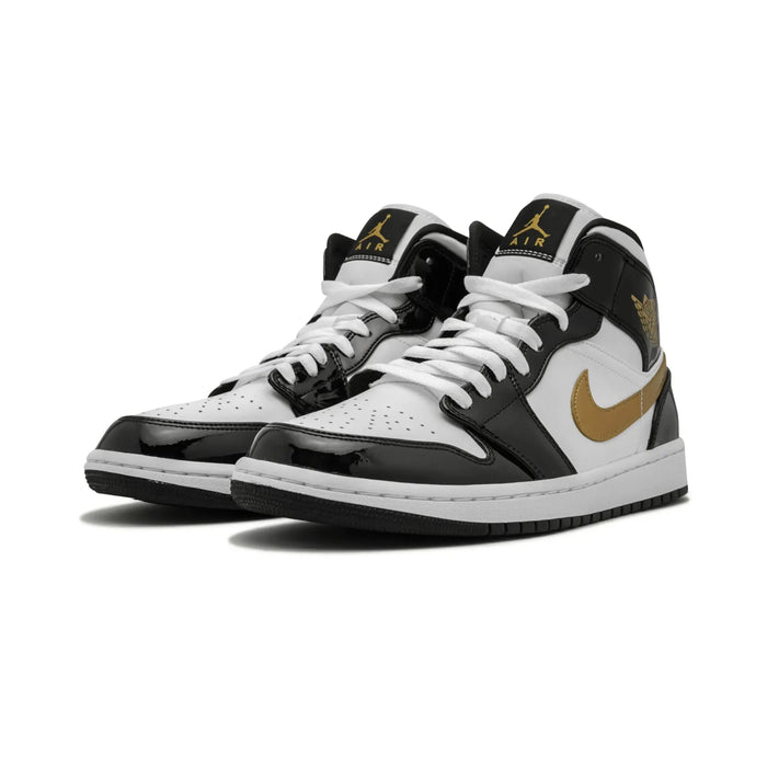 Jordan 1 Mid Patent Black White Gold