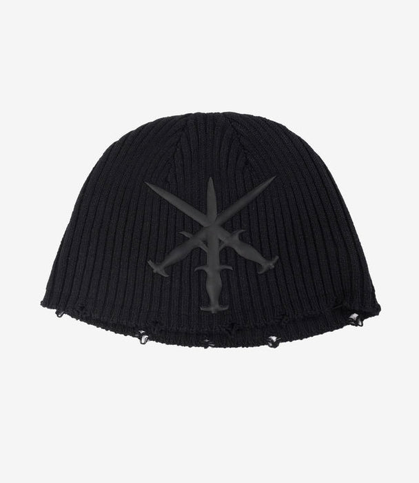 Unknown London Dagger Distressed Knit Beanie Black