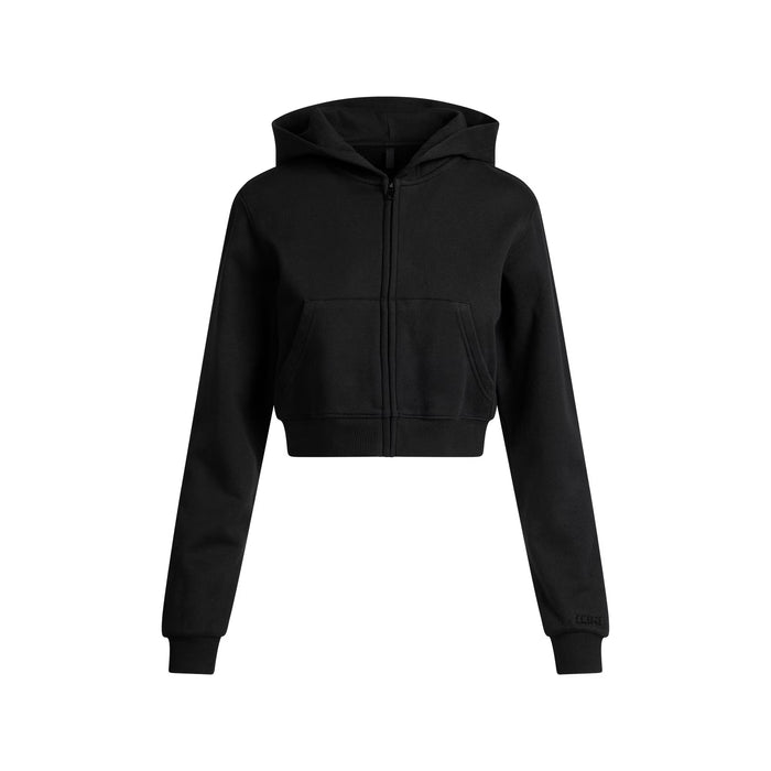 SKIMS COTTON FLEECE CROPPED ZIP UP HOODIE ONYX